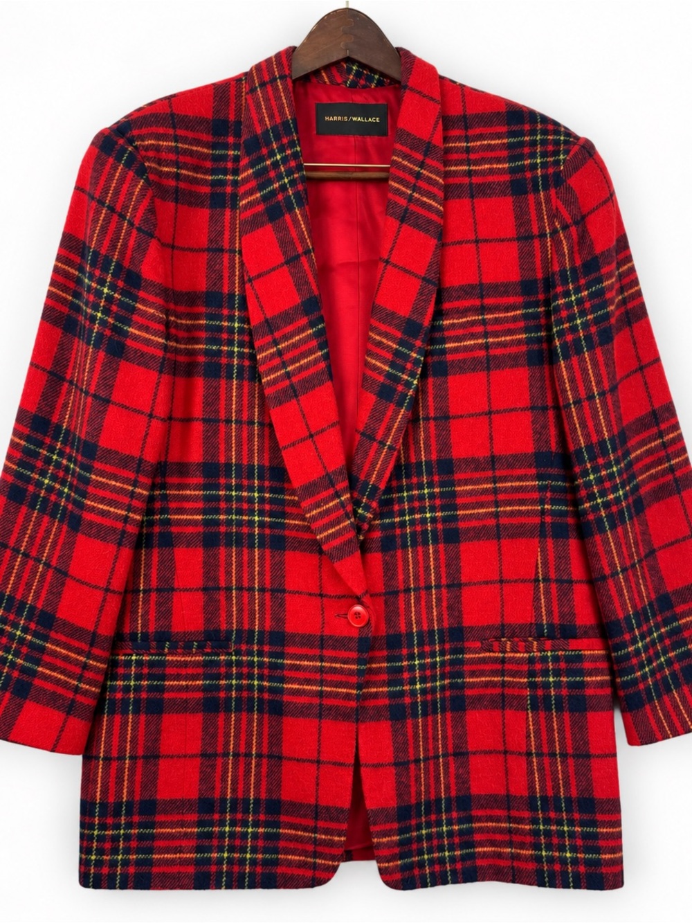 Vintage 90s Harris Wallace Red Tartan Plaid Wool Blazer L